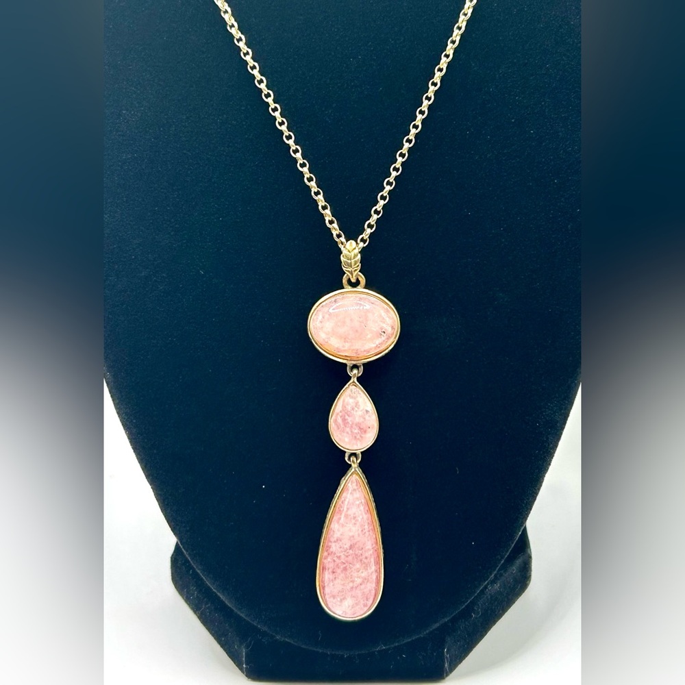 Vintage Monet Pink Cabochon Teardrop Lariat Necklace Long Gold Link Chain